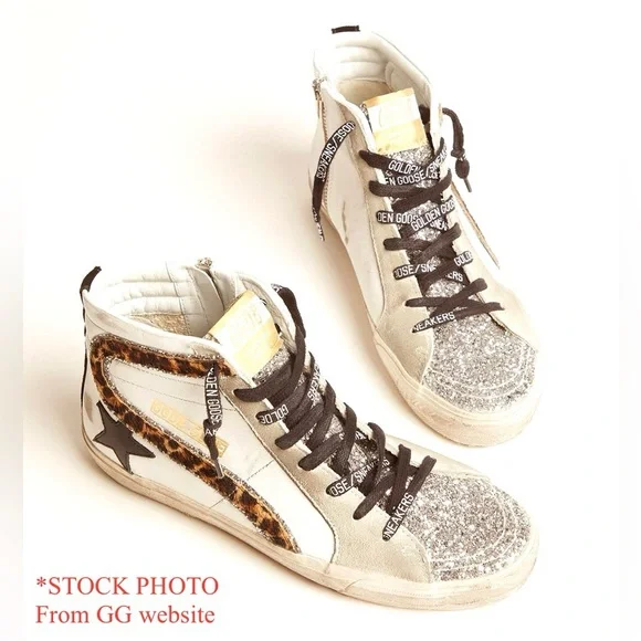 GOLDEN GOOSE Slide Leather Leopard Glitter Toes Mid/High Top Zipper Sz 42 US 12